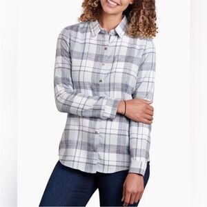 KUHL Women’s Kamila Blue/White/Gray Plaid Flannel Button-Down Cozy Shirt Size Sm